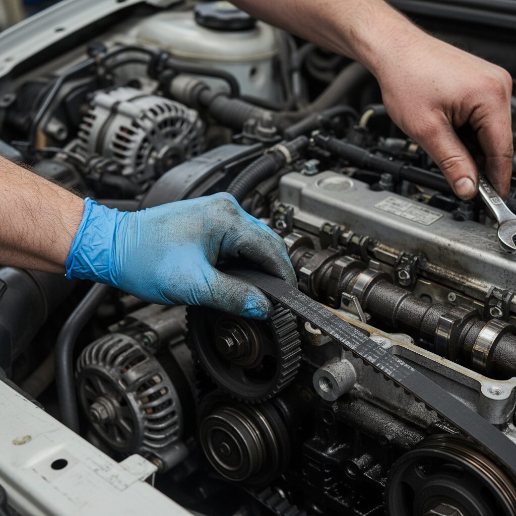Courroie de distribution usée présentant des micro-fissures inspectée par un mécanicien