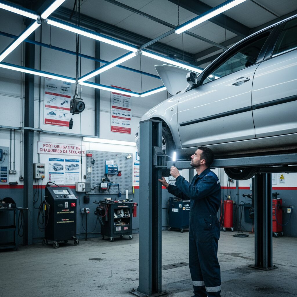 Centre de contrôle technique avec un véhicule sur le pont élévateur lors de l'inspection