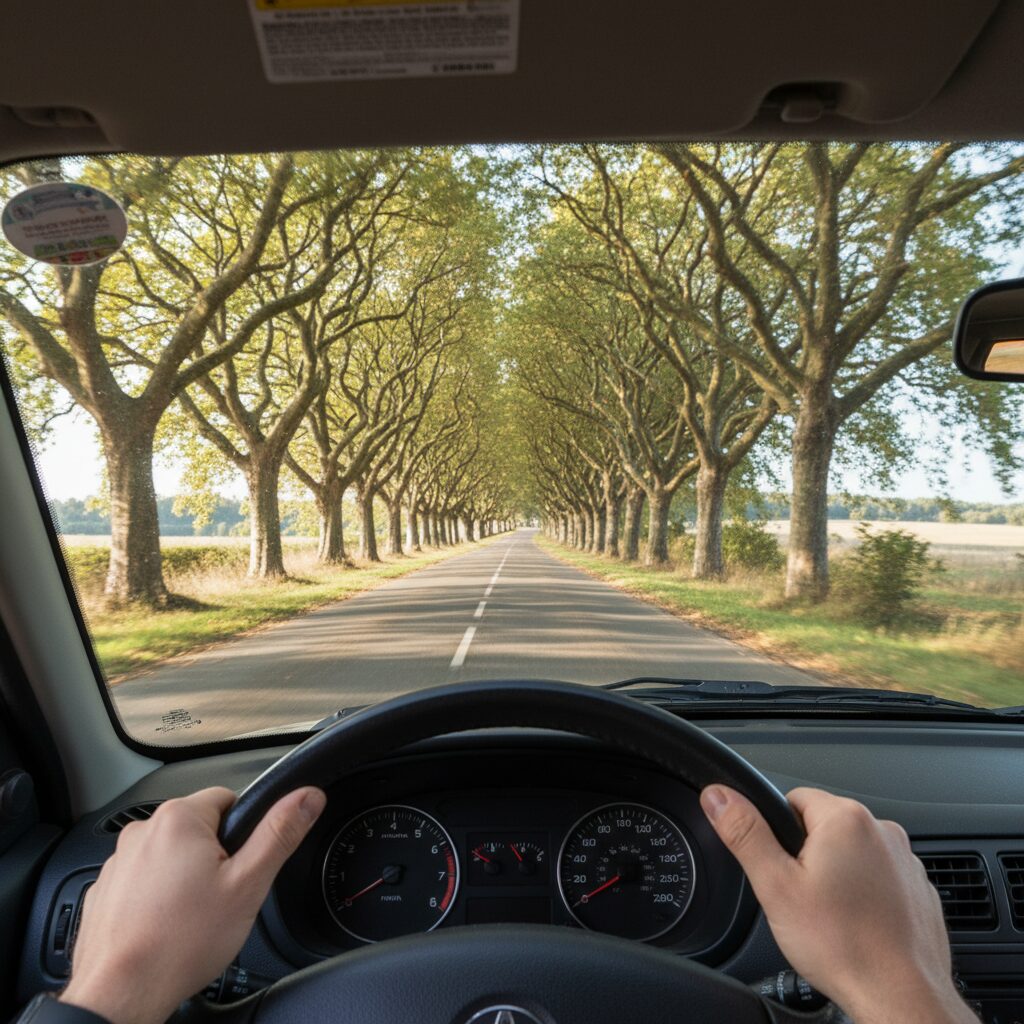 Essai routier d'une voiture d'occasion sur une route départementale française