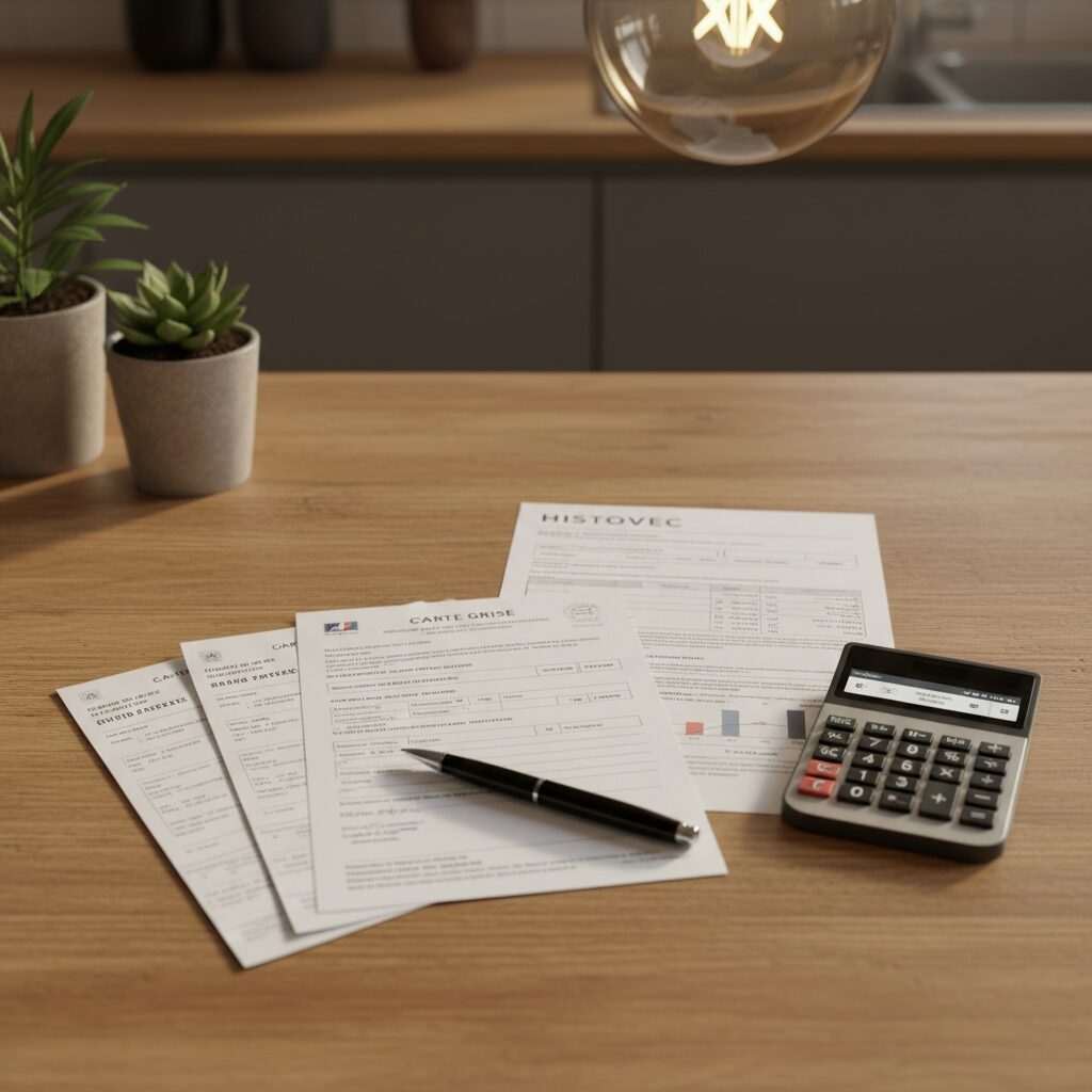 Documents administratifs organisés sur une table pour la vérification avant achat d'occasion