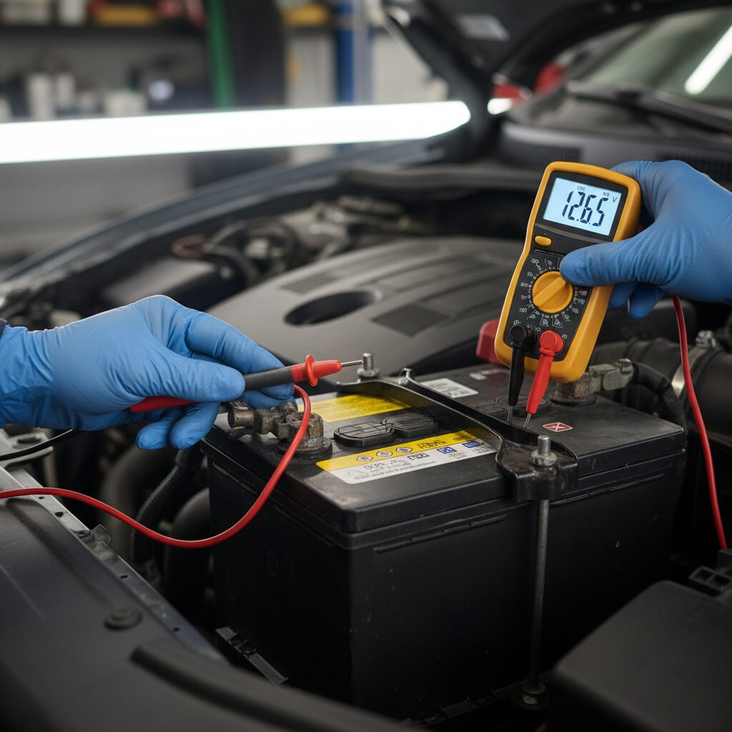 Test de tension d'une batterie de voiture au multimètre par un mécanicien sous le capot