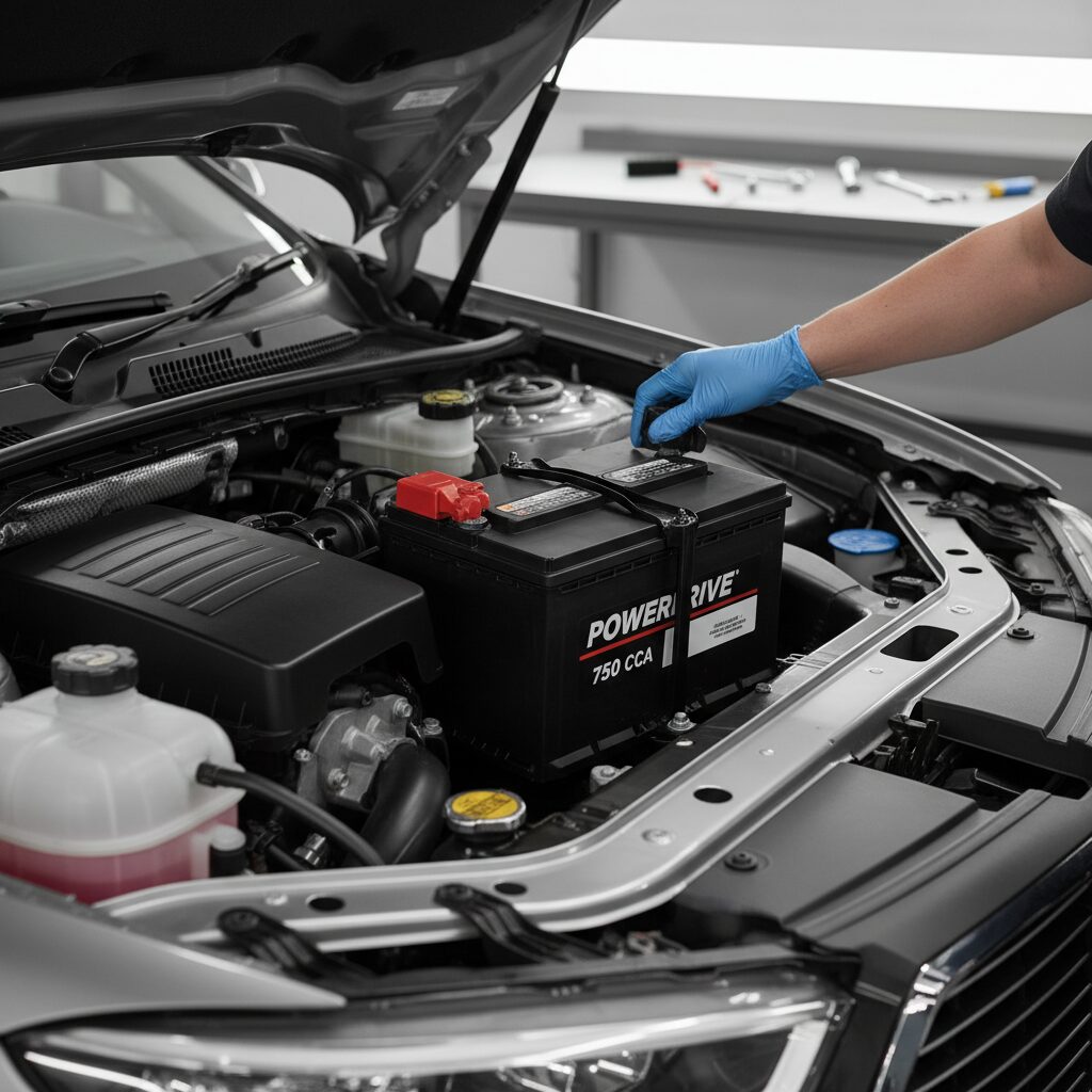 Installation d'une batterie neuve dans le compartiment moteur par un mécanicien