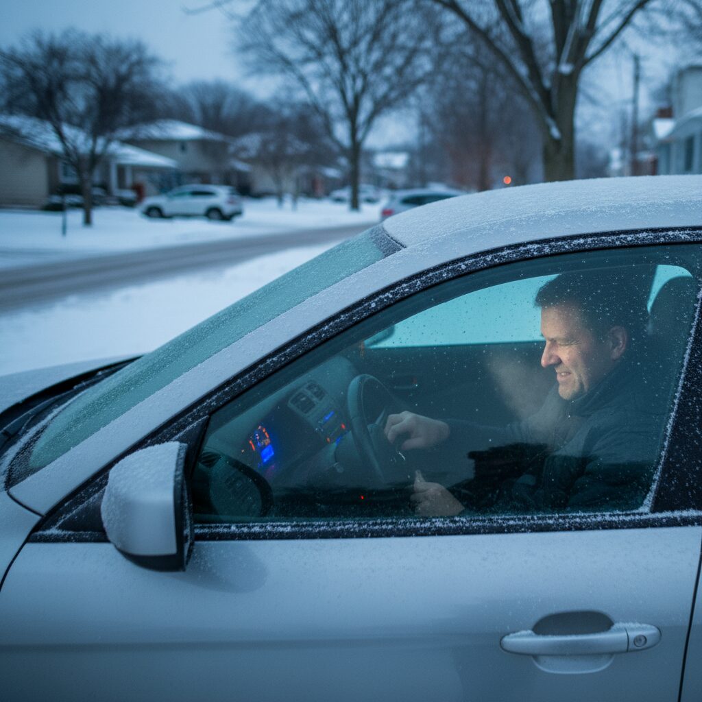 Voiture givrée un matin d'hiver avec démarrage difficile visible au tableau de bord faiblement éclairé