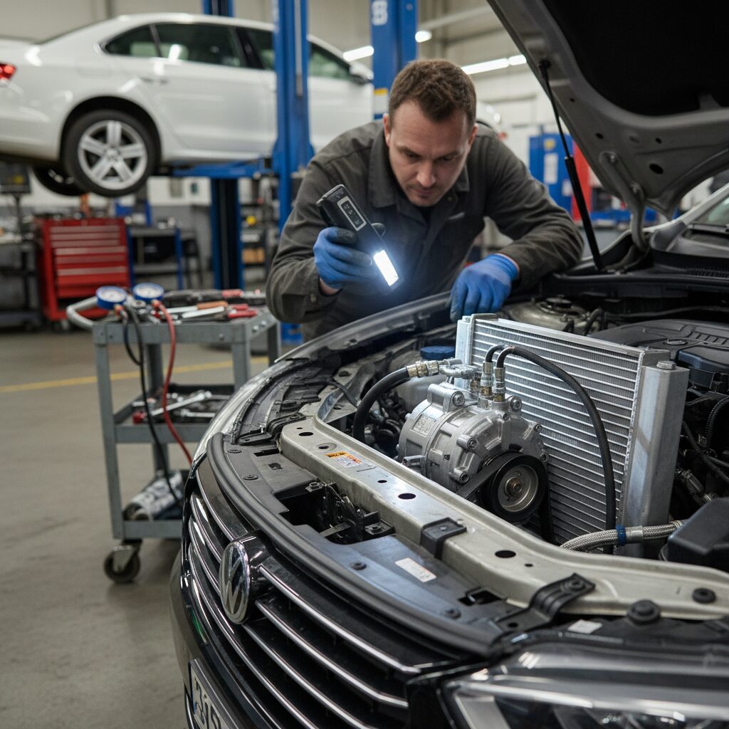 Condenseur et compresseur de climatisation visibles sous le capot, inspection par un mécanicien avec lampe