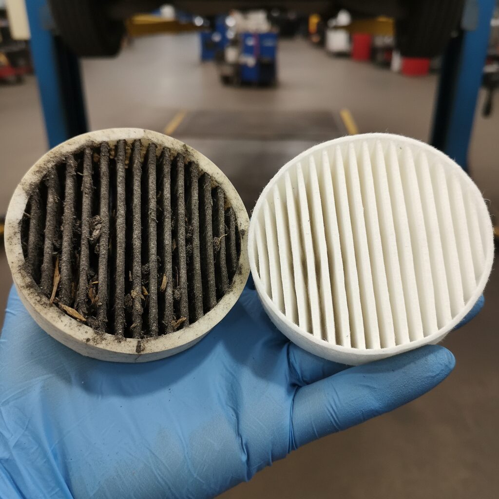 Filtre habitacle usé et encrassé à côté d'un filtre neuf, comparaison dans la main d'un mécanicien