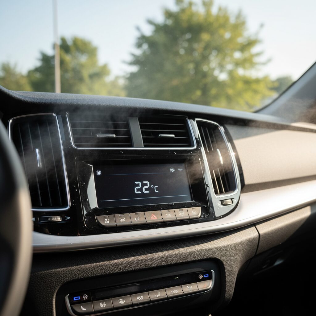 Tableau de bord avec climatisation réglée à 22 °C, bouches d'aération visibles avec condensation légère