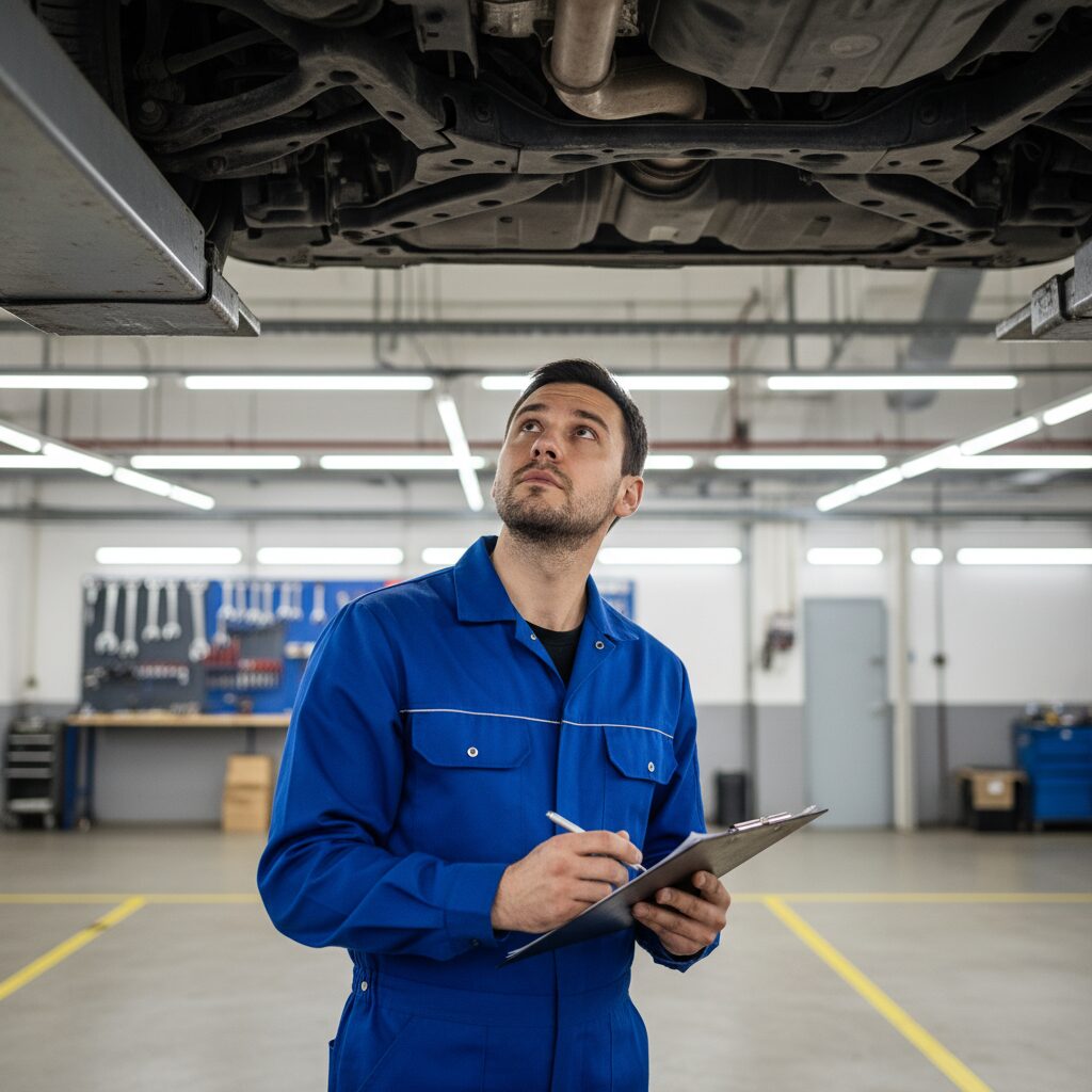 Mécanicien inspectant le dessous d'un véhicule sur pont élévateur lors du contrôle technique
