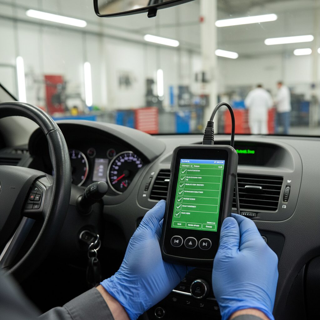 Valise diagnostic OBD2 branchée sur la prise d'un véhicule pendant le contrôle technique