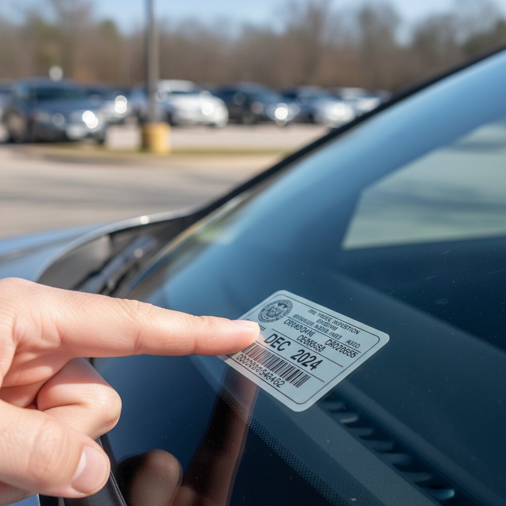 Vignette de contrôle technique collée sur le pare-brise d'un véhicule avec date de validité