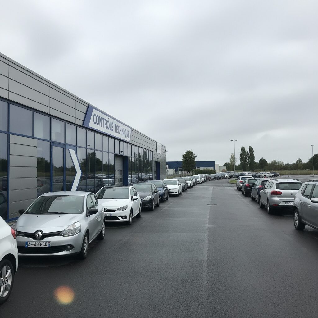 File d'attente de véhicules devant un centre de contrôle technique en France