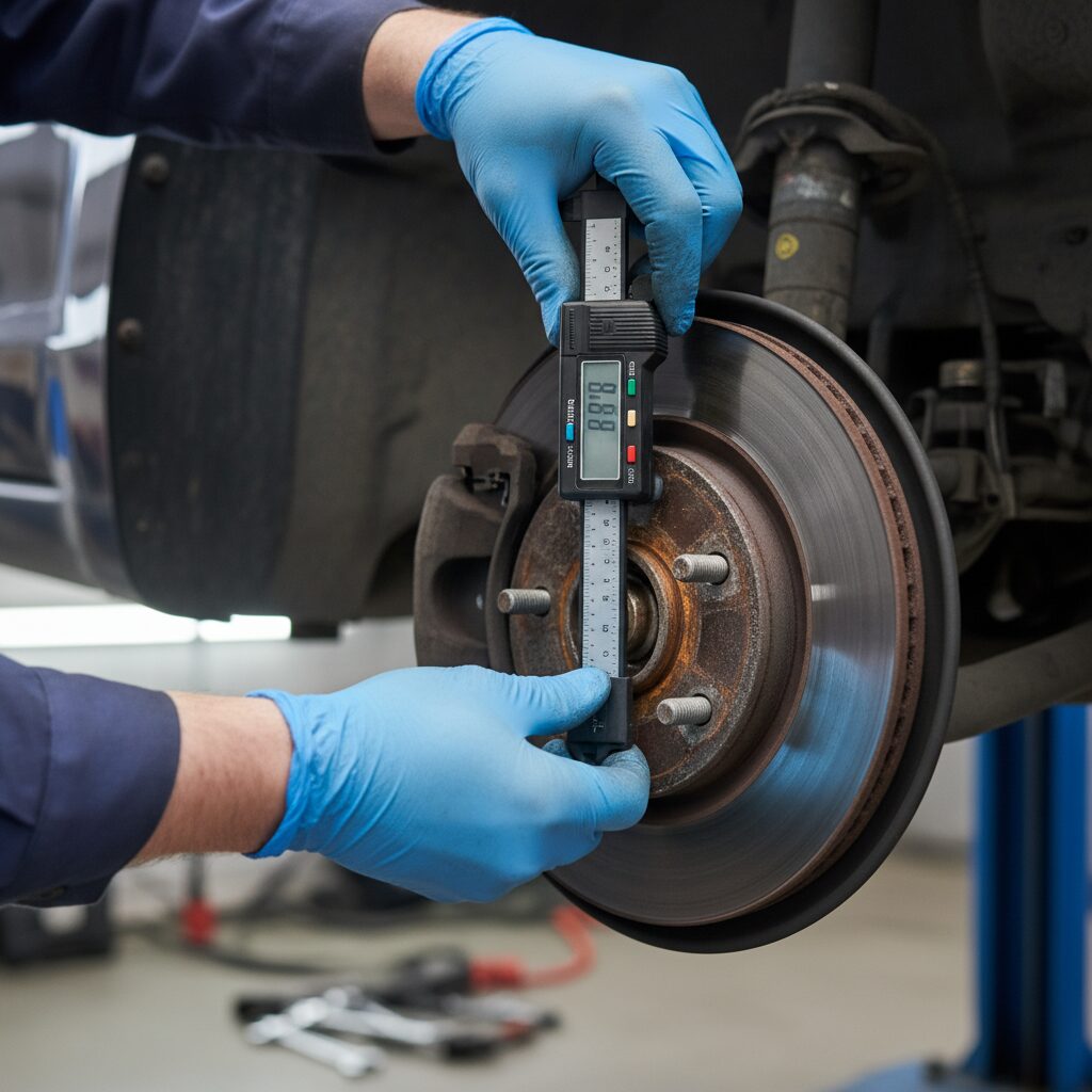 Mécanicien mesurant l'épaisseur d'un disque de frein au pied à coulisse lors d'une inspection