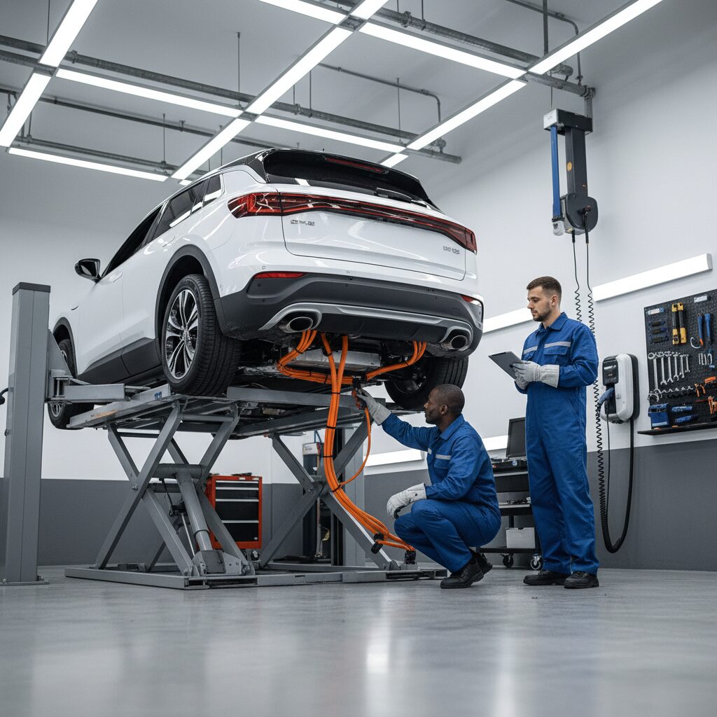 Véhicule électrique sur pont élévateur montrant les câbles haute tension orange lors du contrôle technique