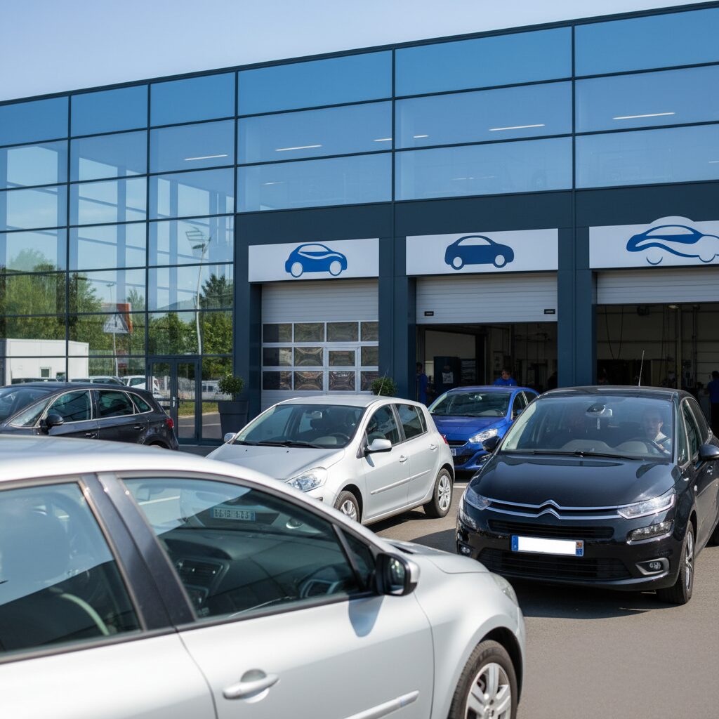 Centre de contrôle technique en France avec des véhicules en file d'attente devant le bâtiment