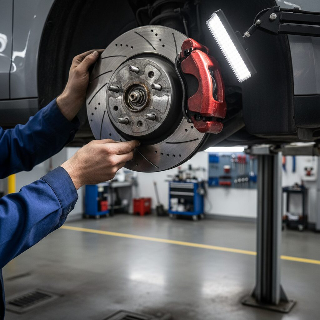 Mécanicien inspectant les freins d'un véhicule sur un pont élévateur lors du contrôle technique