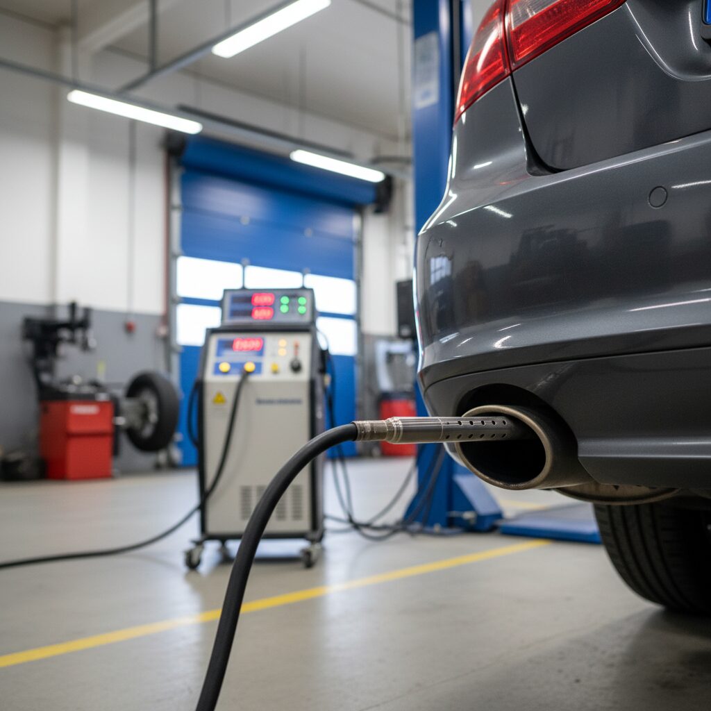 Sonde d'opacimétrie insérée dans l'échappement d'un diesel lors de la visite complémentaire pollution
