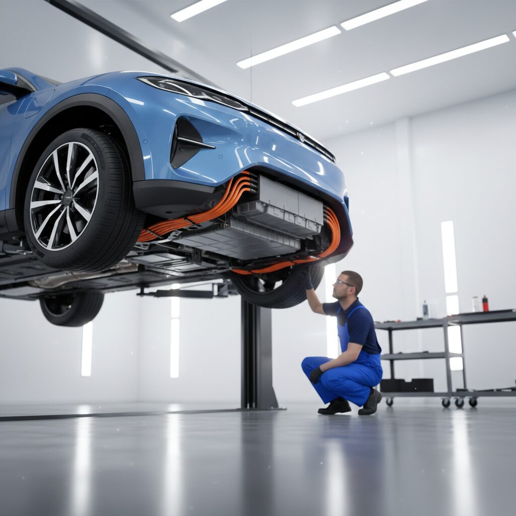 Véhicule électrique sur pont élévateur dans un atelier moderne avec mécanicien inspectant le dessous