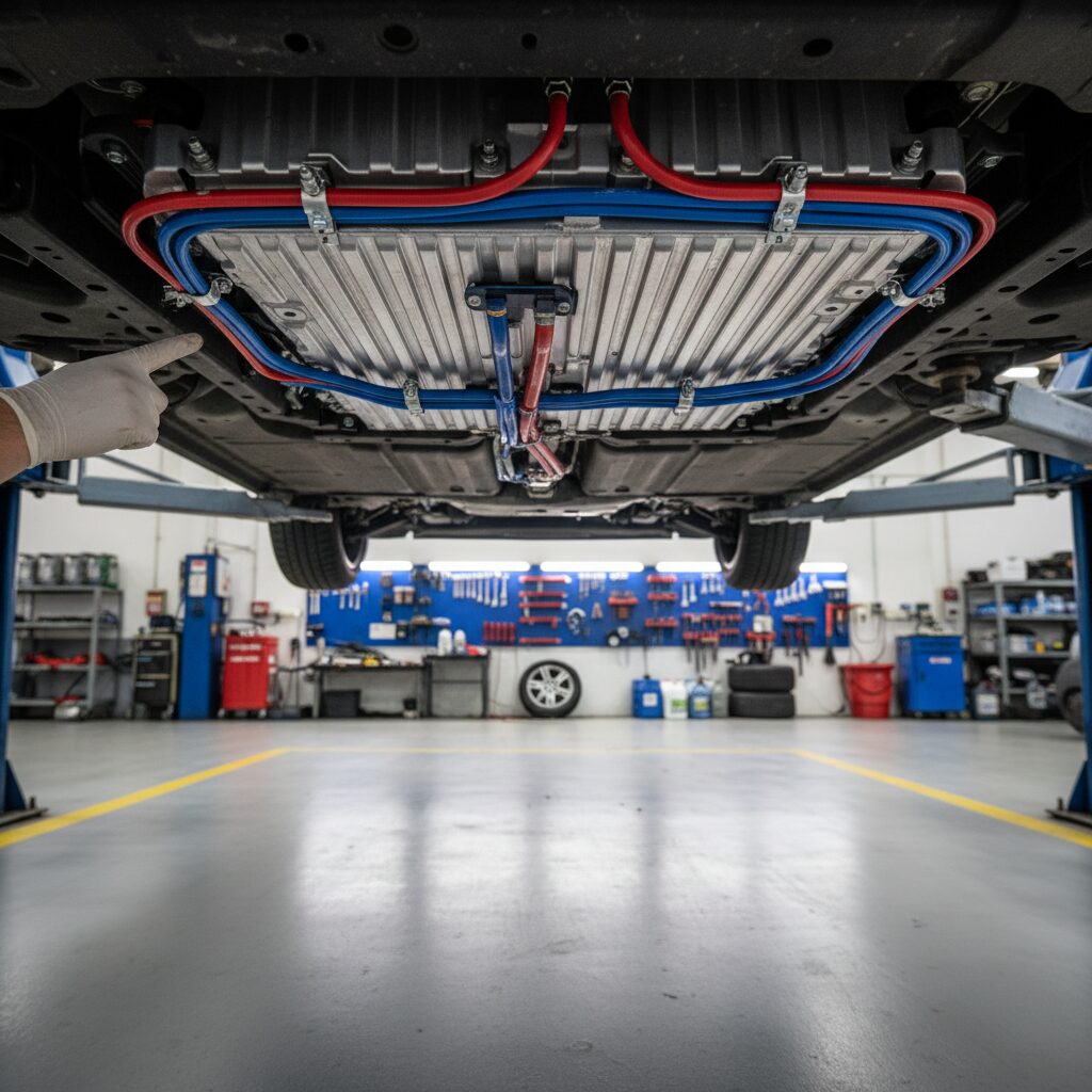 Pack batterie d'un véhicule électrique visible par le dessous sur pont élévateur