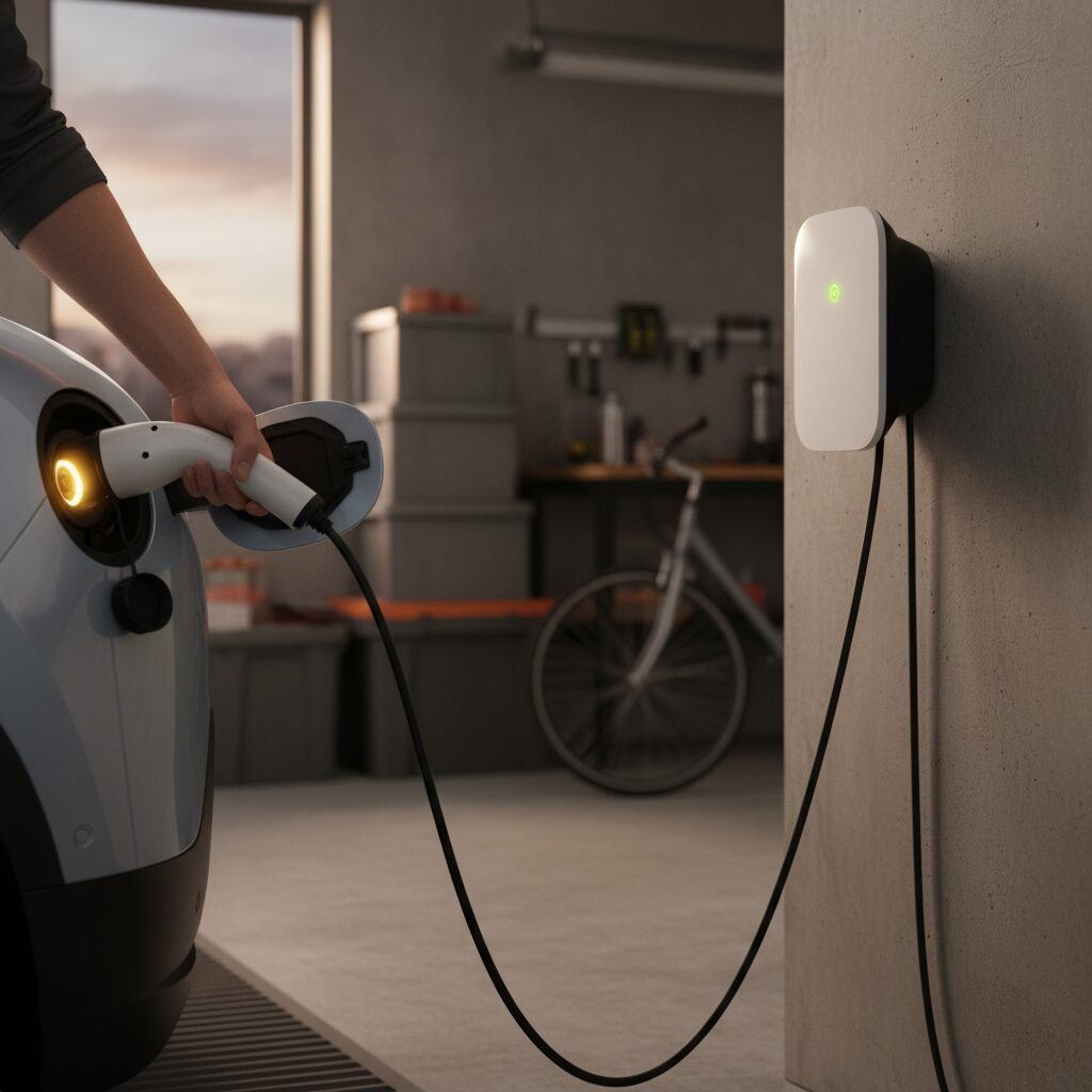 Recharge d'un véhicule électrique à domicile via une wallbox dans un garage résidentiel
