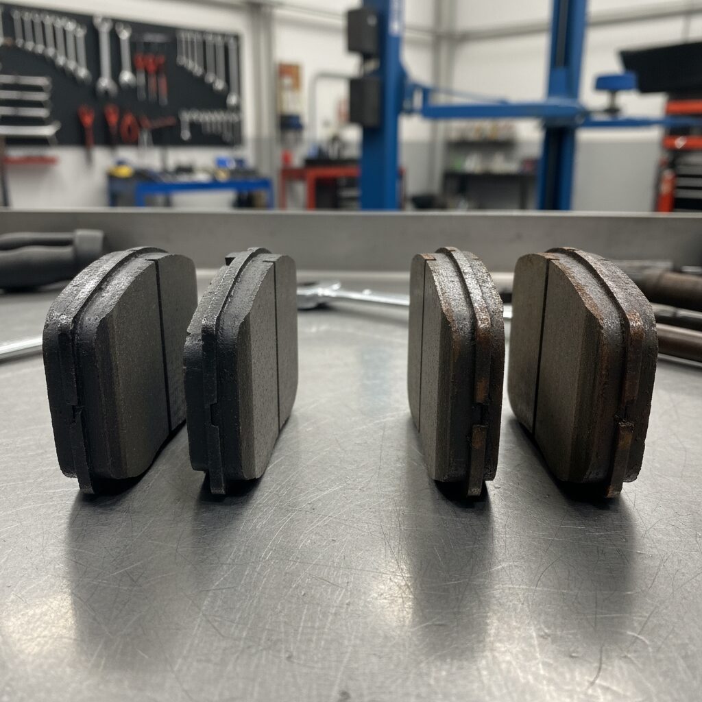 Comparaison entre plaquettes de frein neuves et usées montrant la différence d'épaisseur