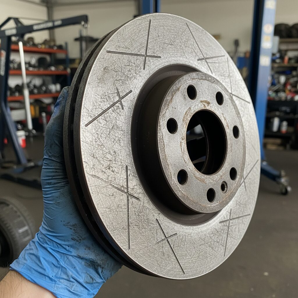 Disque de frein usé avec rainures profondes retiré d'un véhicule