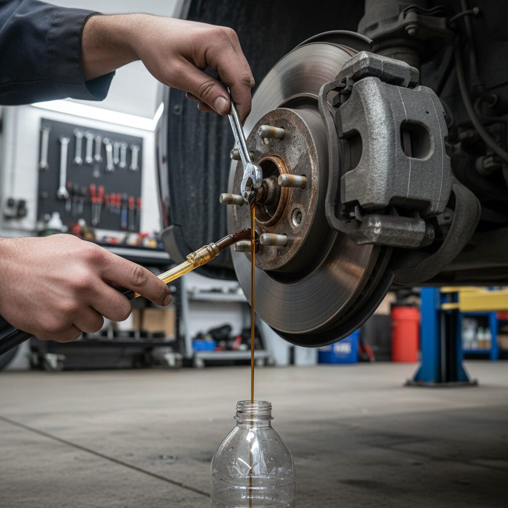 Purge du liquide de frein au niveau d'un étrier par un mécanicien