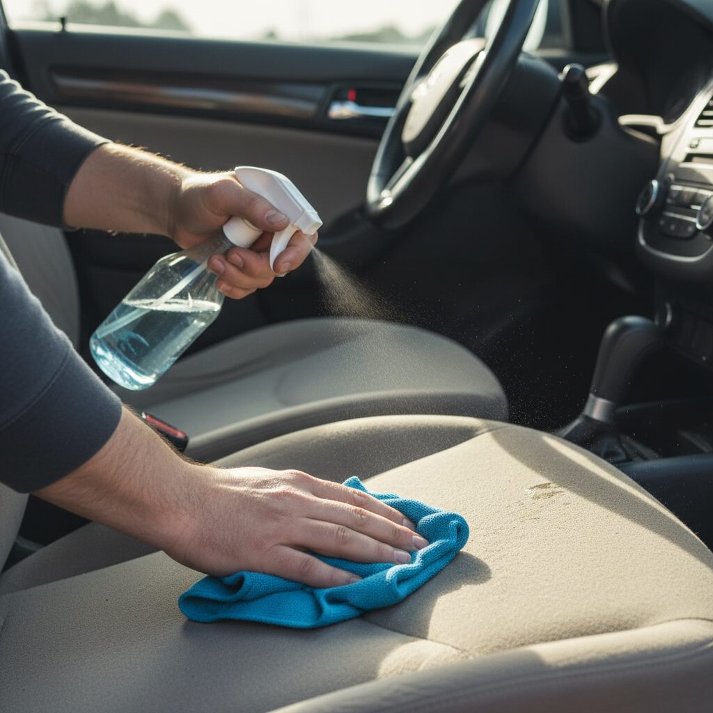 Nettoyage d'un siège de voiture en tissu avec chiffon microfibre montrant le contraste avant/après