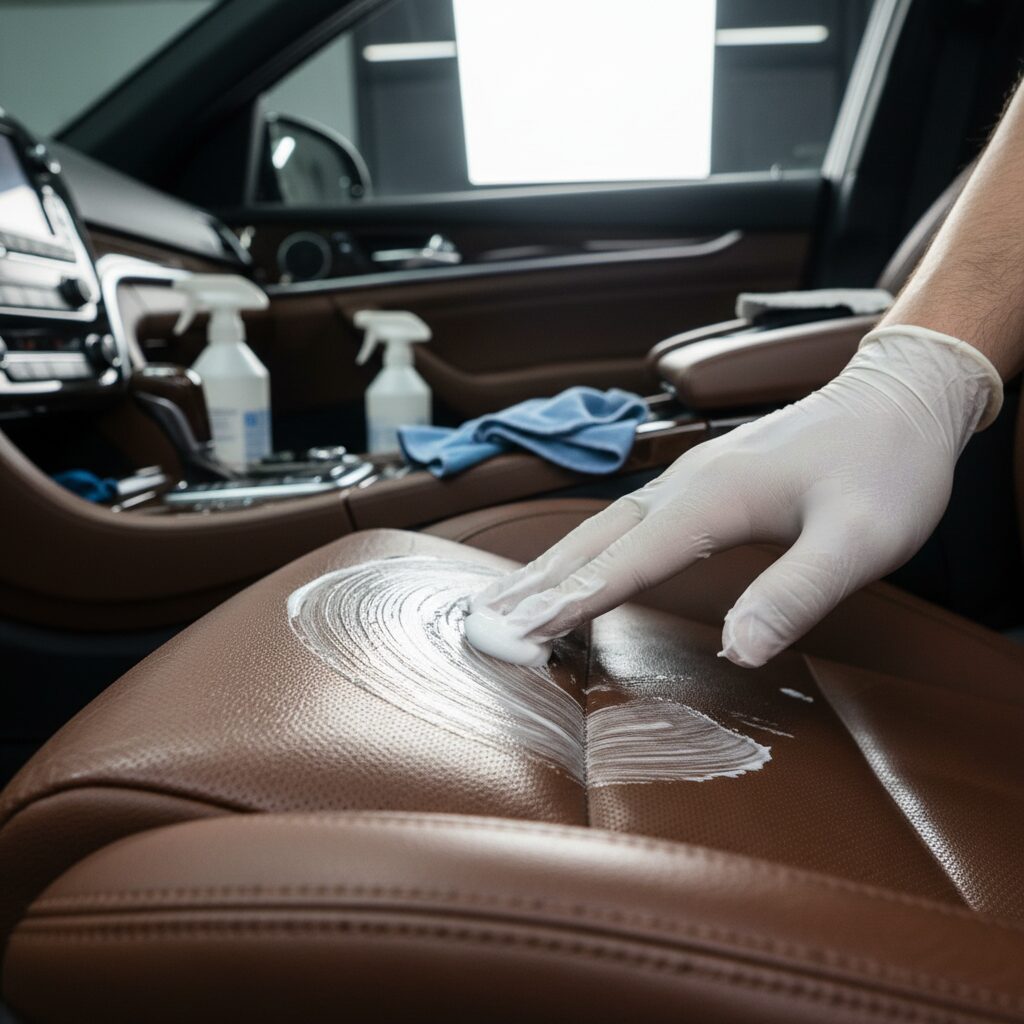 Application de crème nourrissante sur un siège en cuir de voiture avec mouvement circulaire