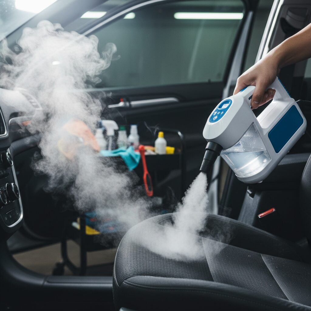 Nettoyeur vapeur portatif utilisé sur un siège de voiture en tissu