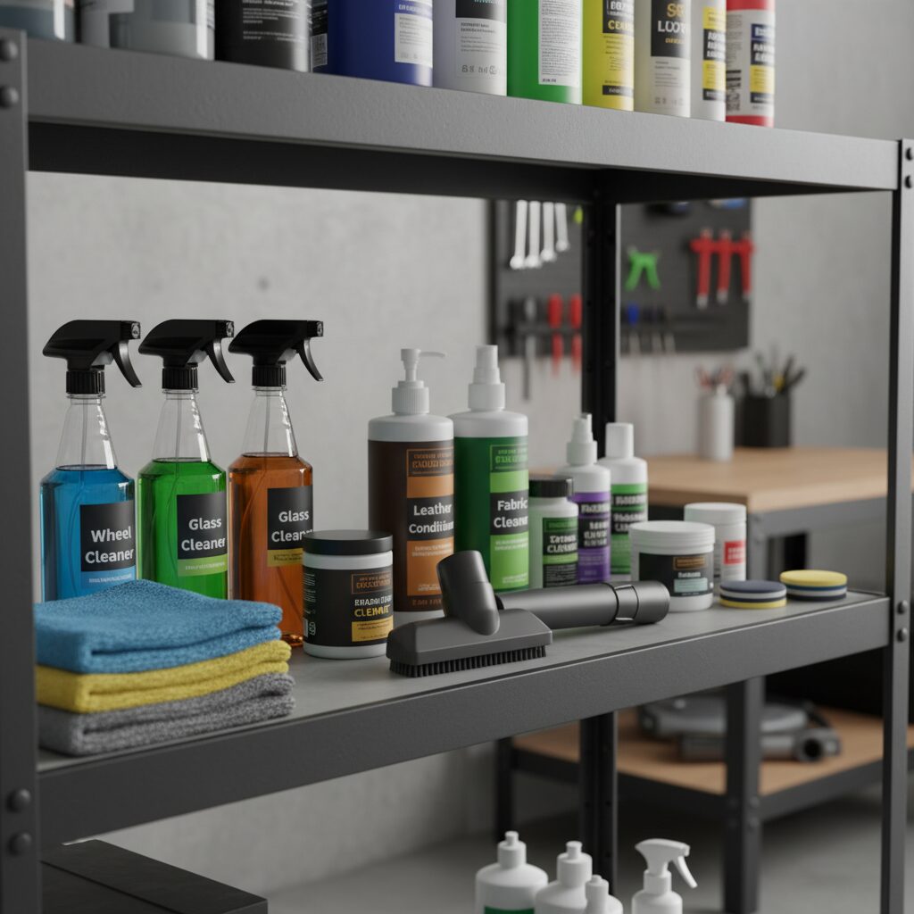Produits de nettoyage automobile alignés sur une étagère d'atelier : sprays, chiffons microfibres, conditionneur cuir