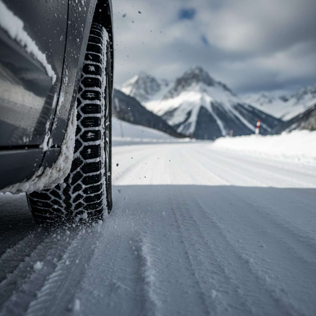 Pneus hiver sur une voiture roulant sur une route de montagne enneigée