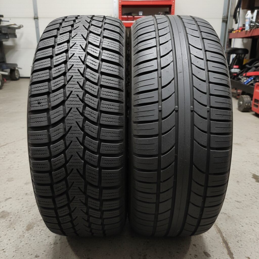 Comparaison côte à côte d'un pneu hiver (lamelles) et d'un pneu été (rainures larges)