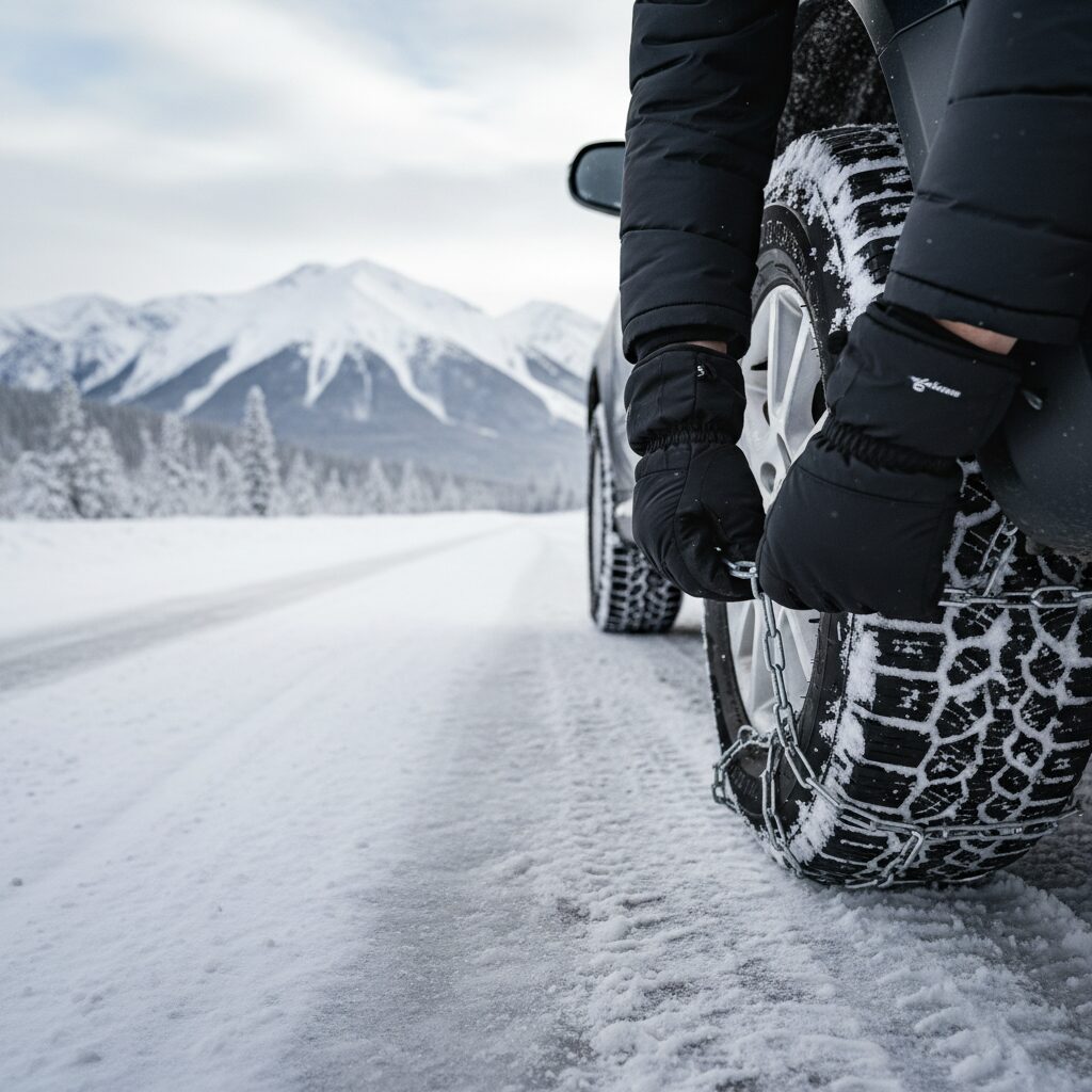 Installation de chaînes à neige sur un pneu de voiture au bord d'une route de montagne