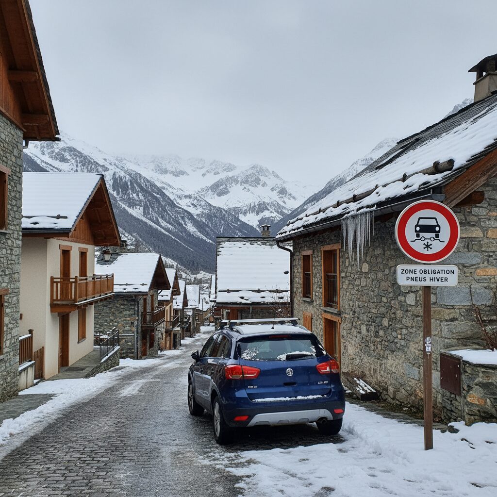 Panneau de signalisation obligation pneus hiver dans un village de montagne en France