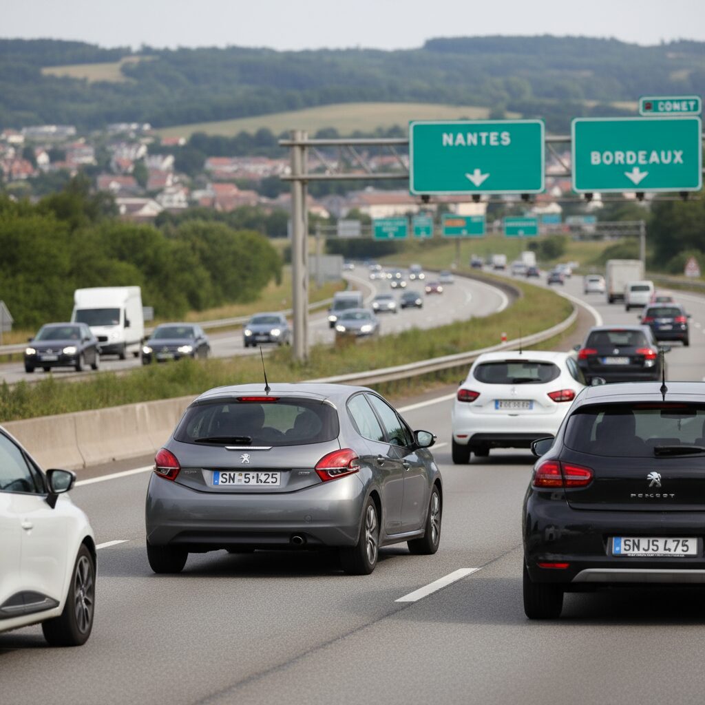 Peugeot 208 grise circulant sur une autoroute française parmi d'autres véhicules
