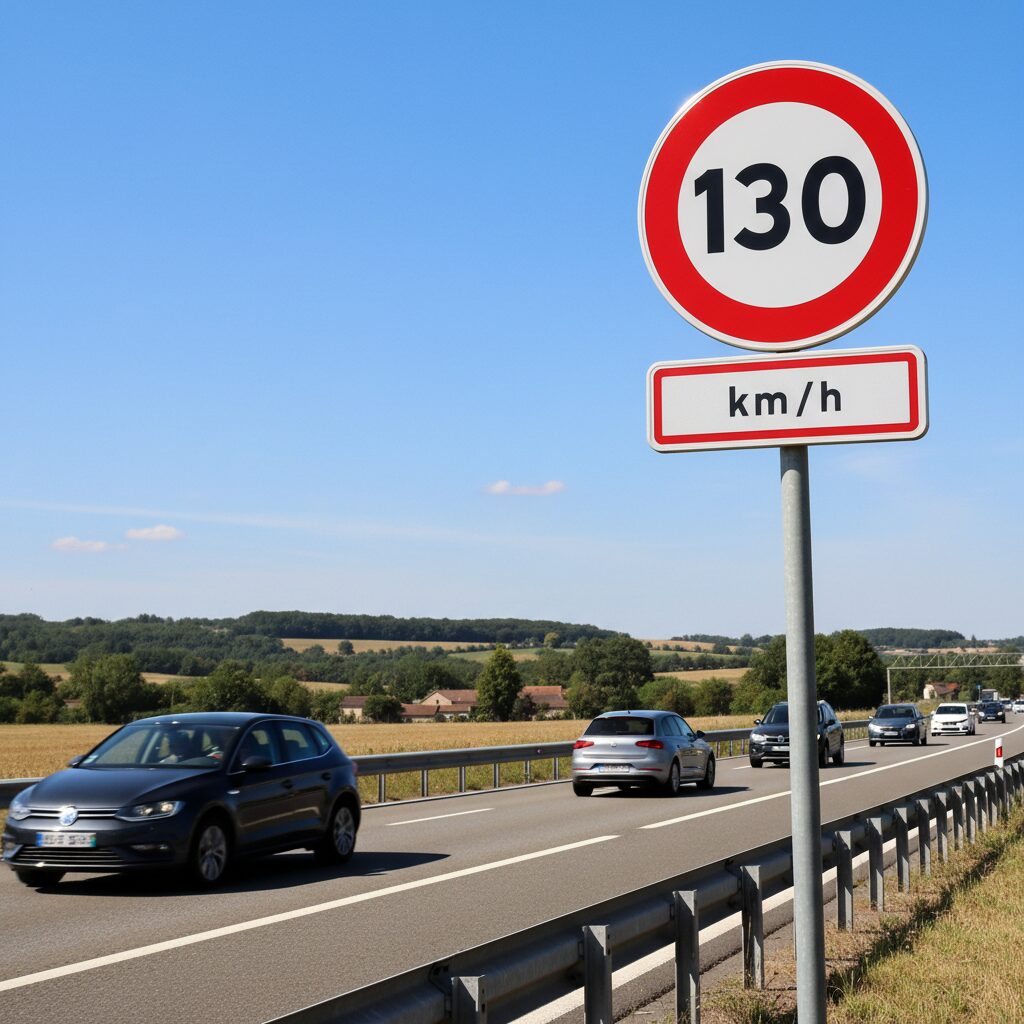 Panneau de limitation à 130 km/h sur une autoroute française avec des véhicules en circulation