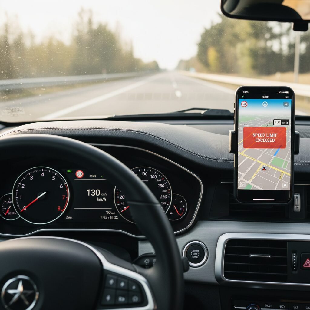 Tableau de bord avec limiteur de vitesse à 130 km/h et application de navigation affichant les zones de danger