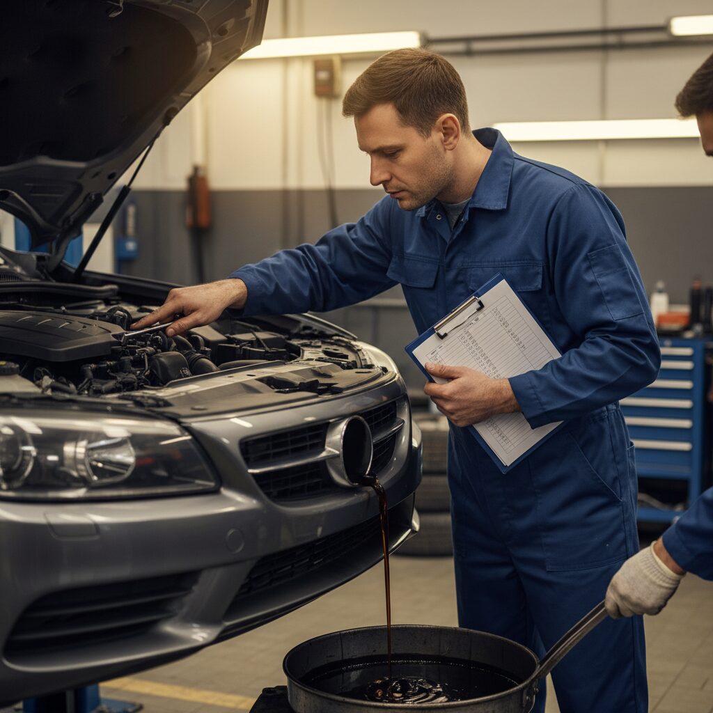 Mécanicien effectuant une révision complète sous le capot avec fiche de contrôle, vidange en cours