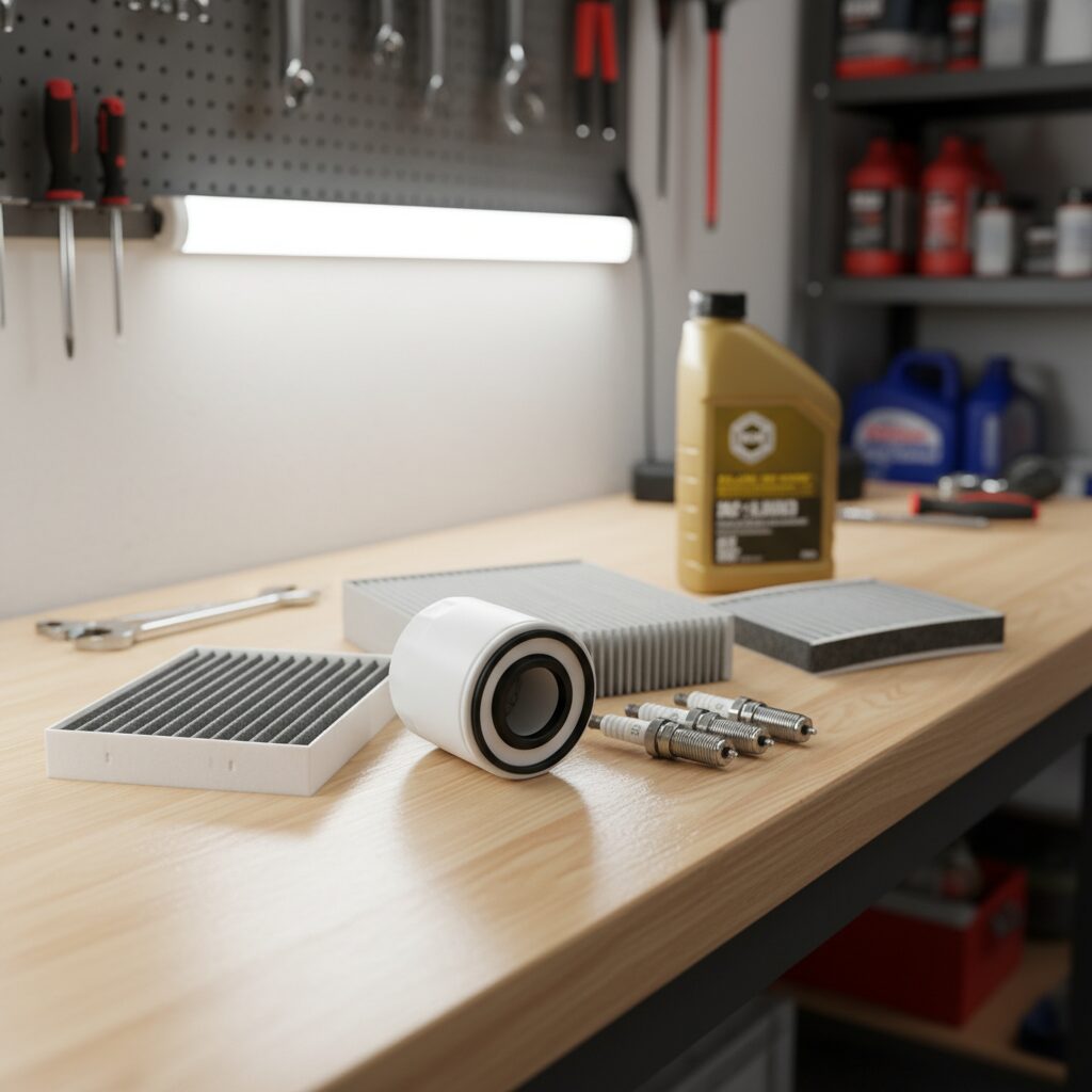 Pièces de révision disposées sur un établi : filtre à huile, filtre à air, filtre habitacle, bougies et bidon d'huile