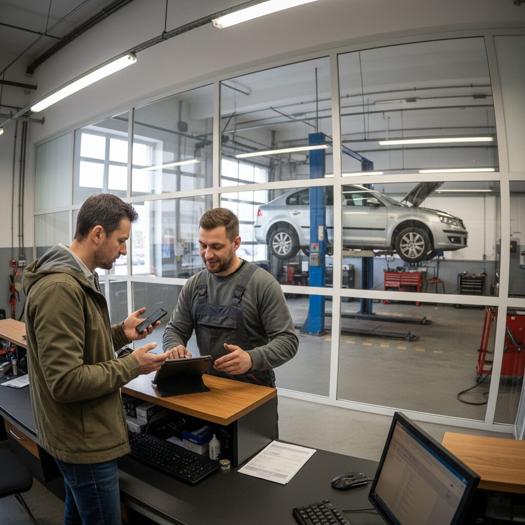 Client et mécanicien discutant d'un devis de révision au comptoir du garage, véhicule sur pont en arrière-plan