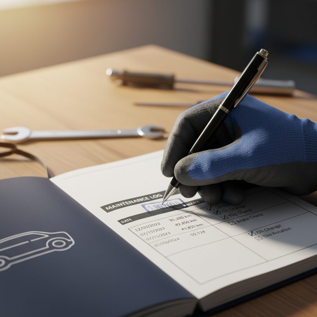 Carnet d'entretien automobile tamponné par un mécanicien avec historique des révisions visible