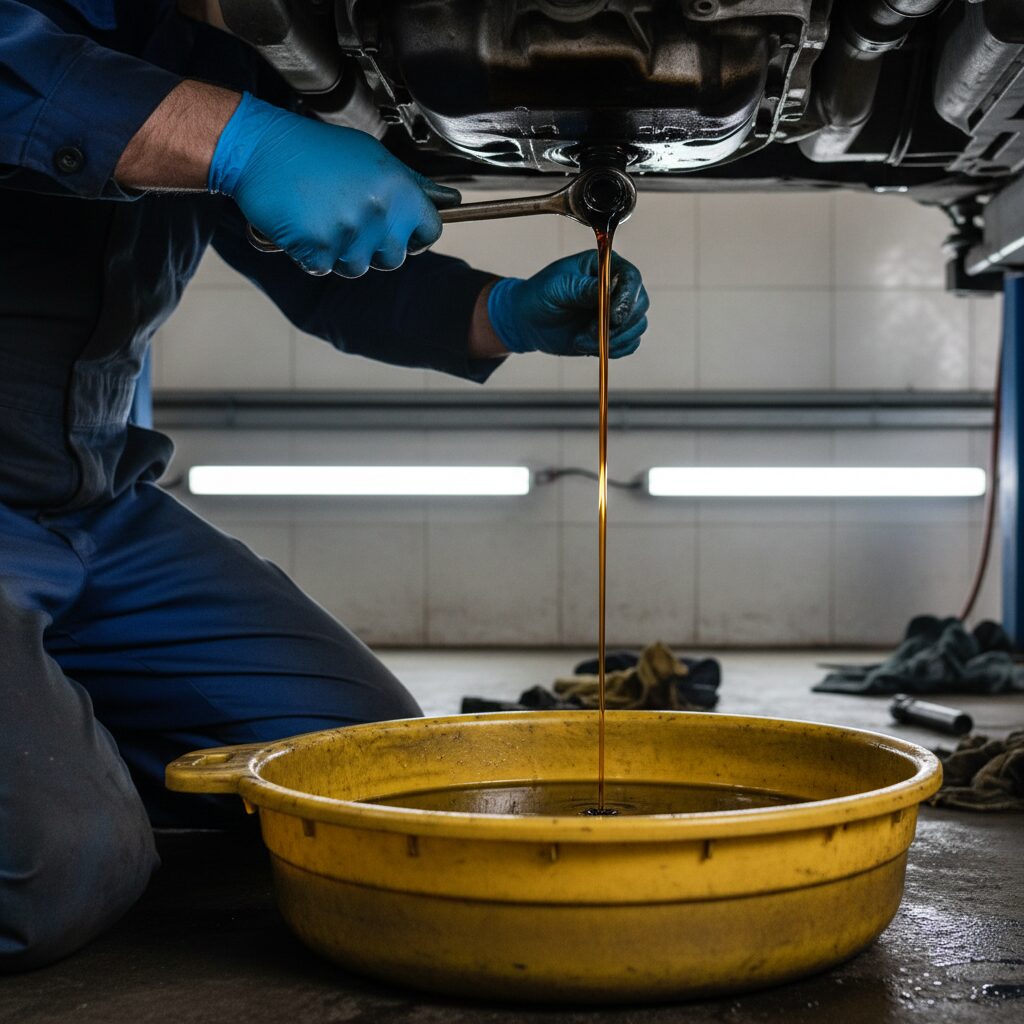Vidange moteur en cours avec huile usagée qui s'écoule dans un bac de récupération en atelier