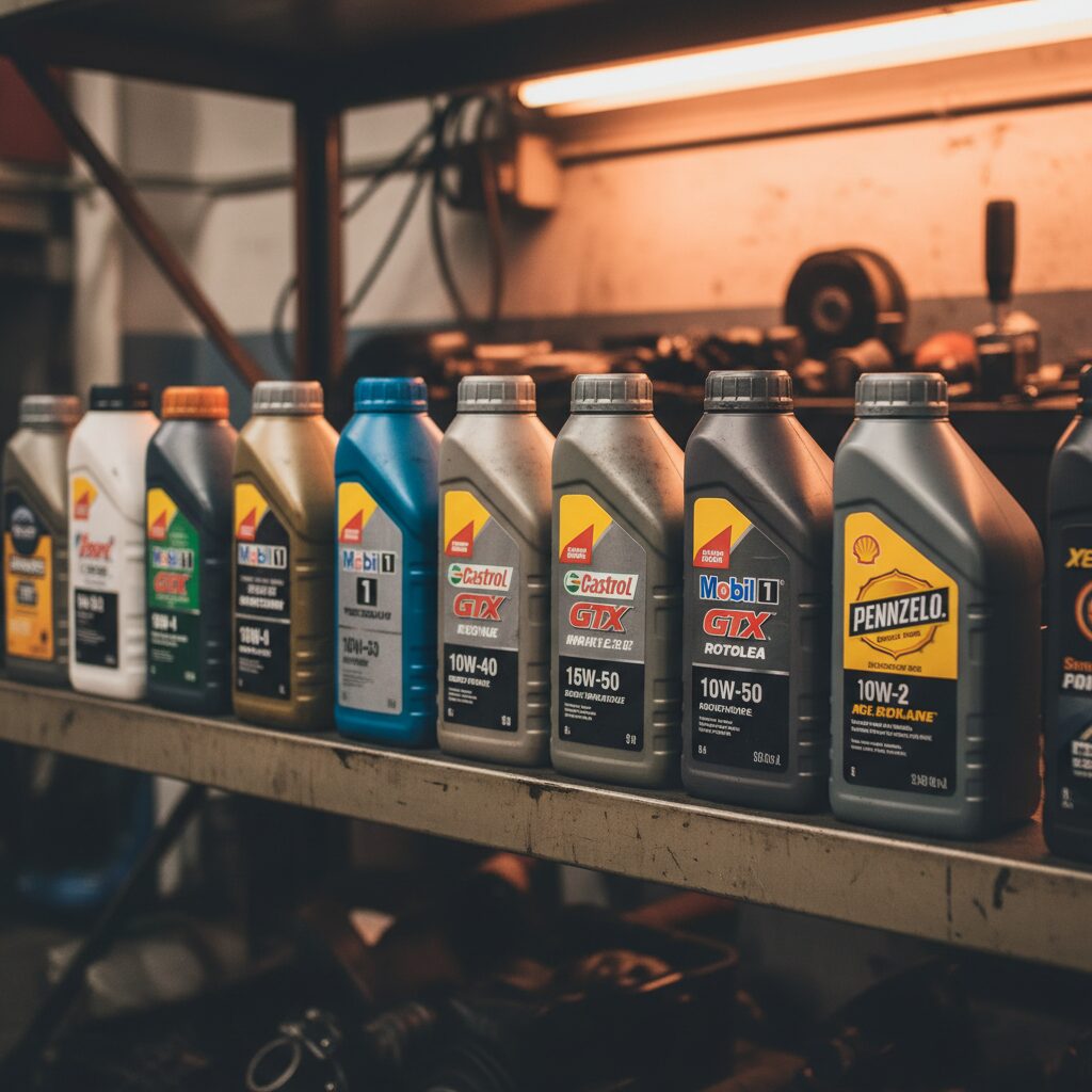 Différents bidons d'huile moteur alignés sur une étagère d'atelier avec différentes viscosités