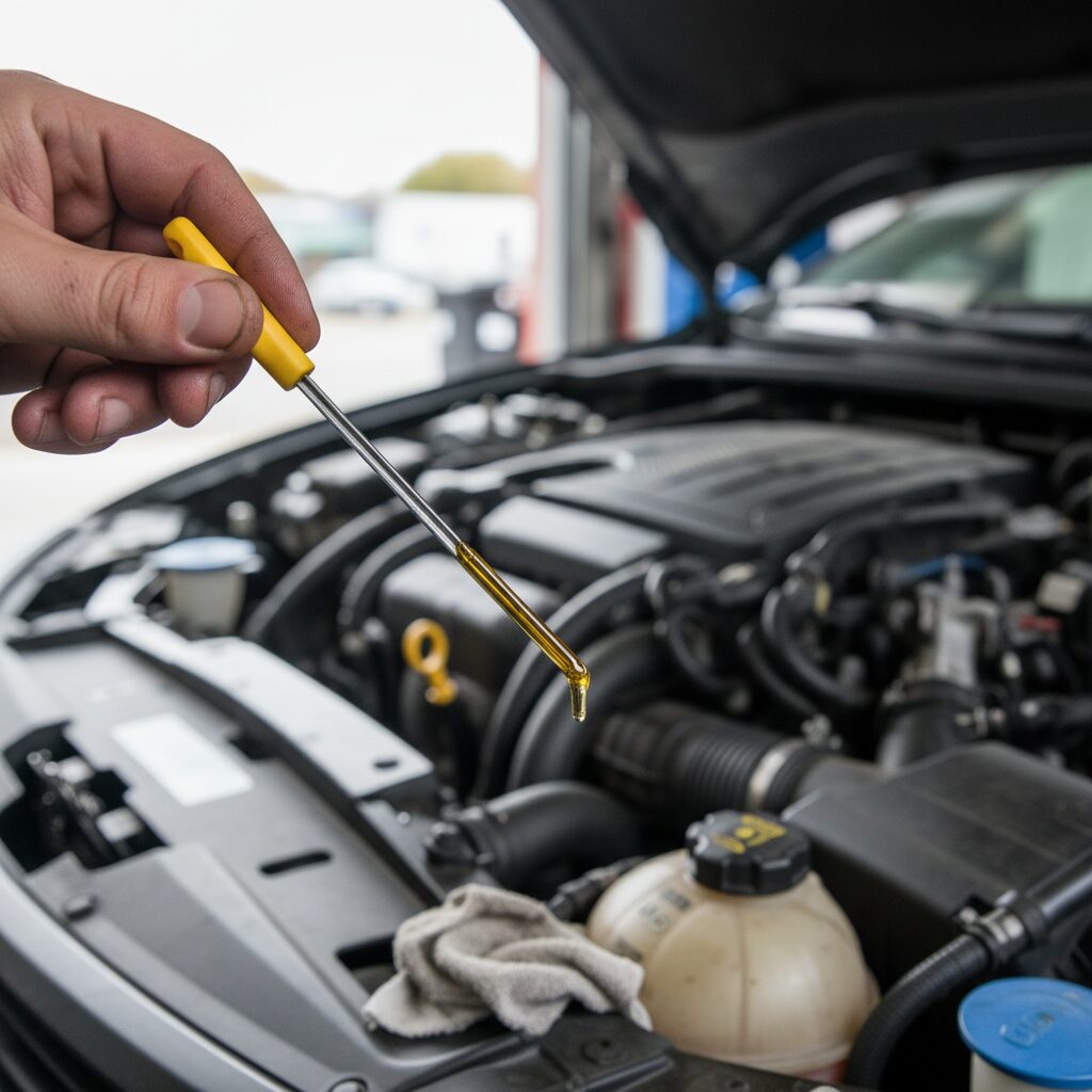 Mécanicien vérifiant le niveau d'huile moteur à l'aide de la jauge sous le capot