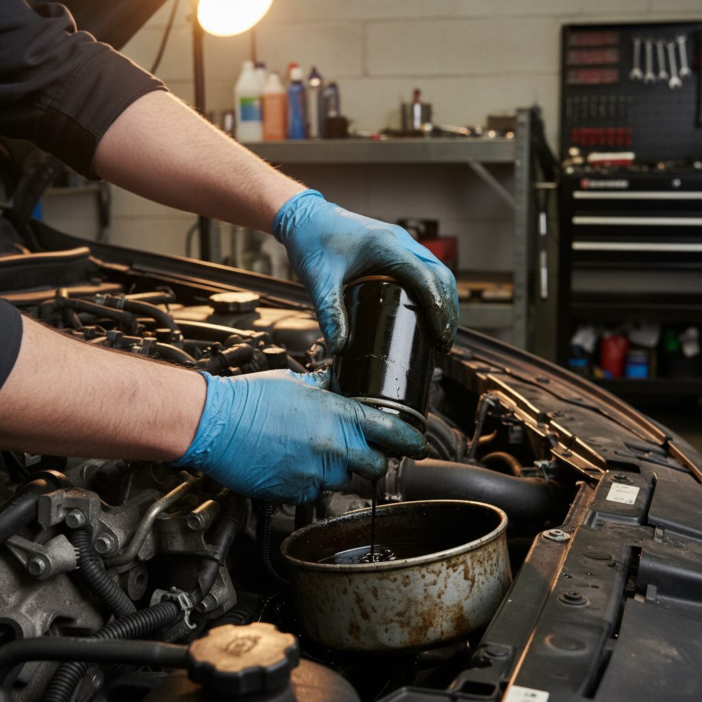 Filtre à huile usagé retiré du bloc moteur par un mécanicien lors d'une vidange