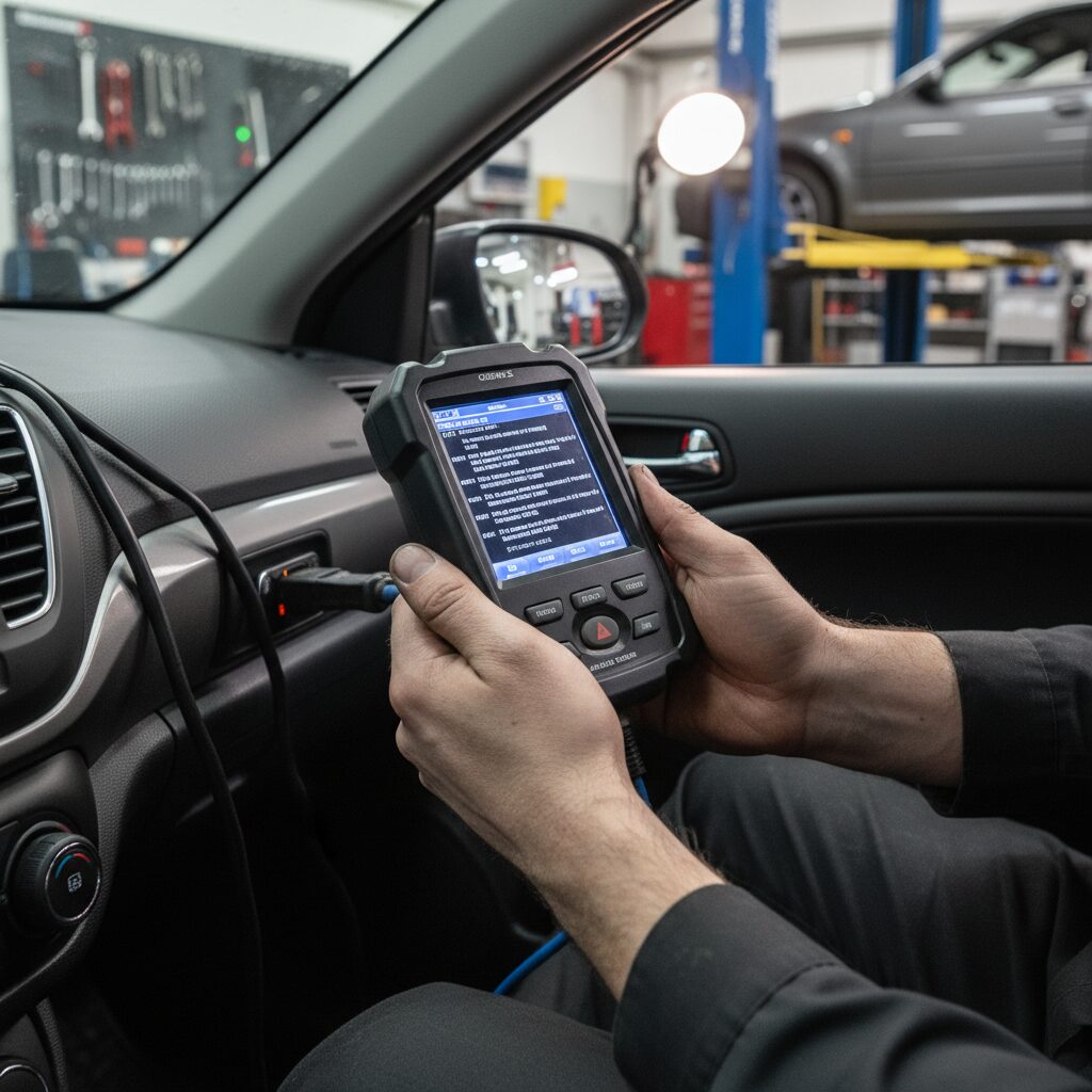 Mécanicien branchant un lecteur OBD2 sous le tableau de bord pour lire les codes défaut