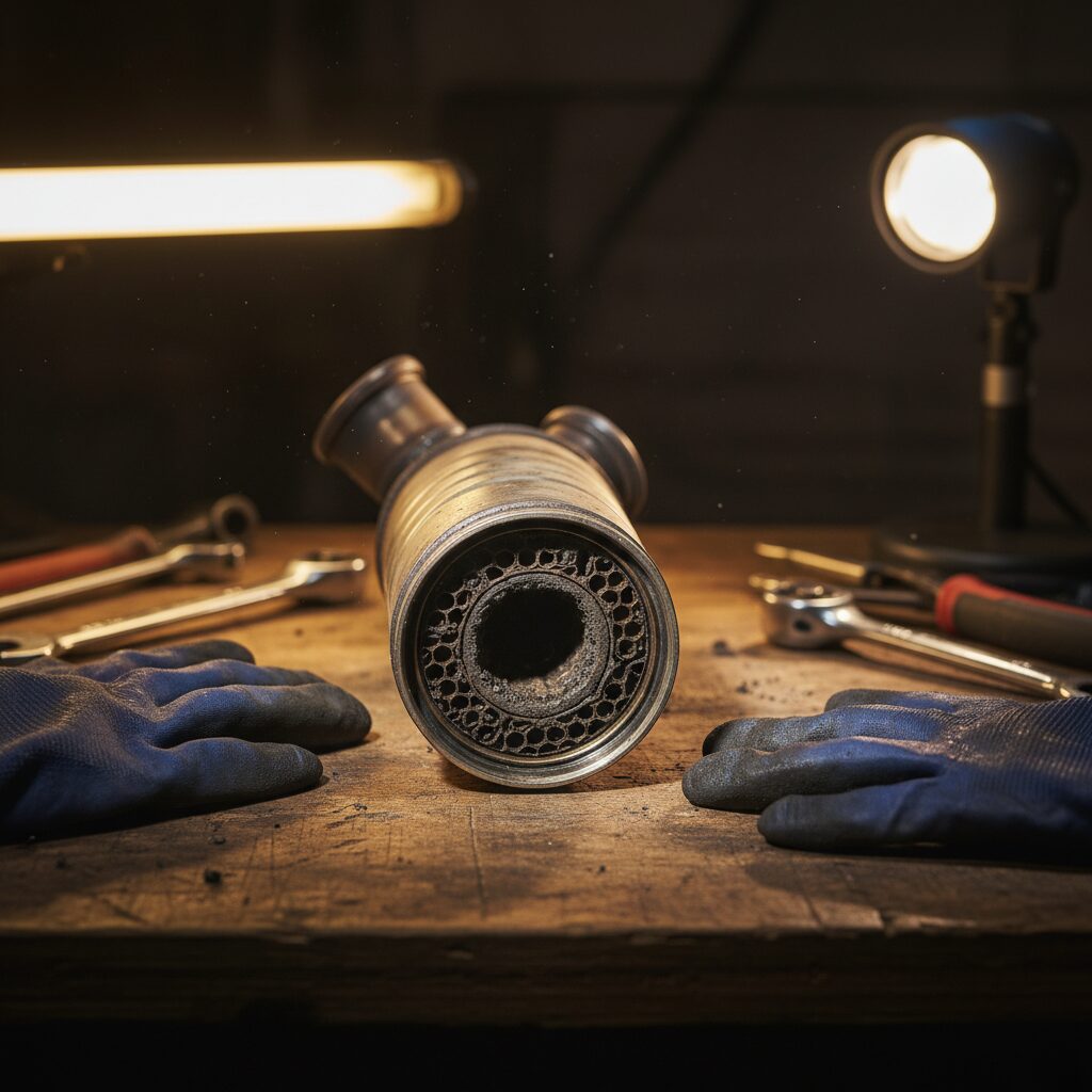 Catalyseur automobile retiré montrant la structure en nid d'abeille partiellement colmatée