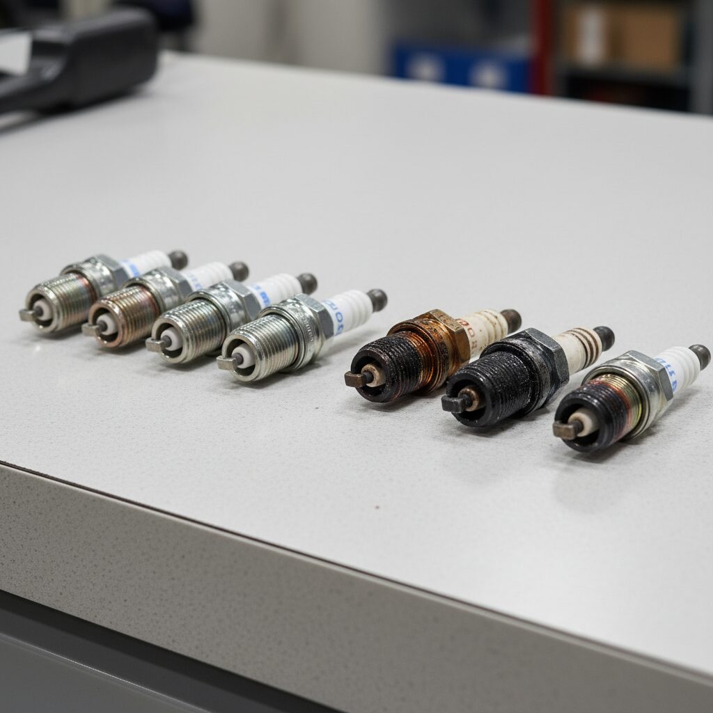 Comparaison entre bougies d'allumage neuves et usées avec dépôts de carbone
