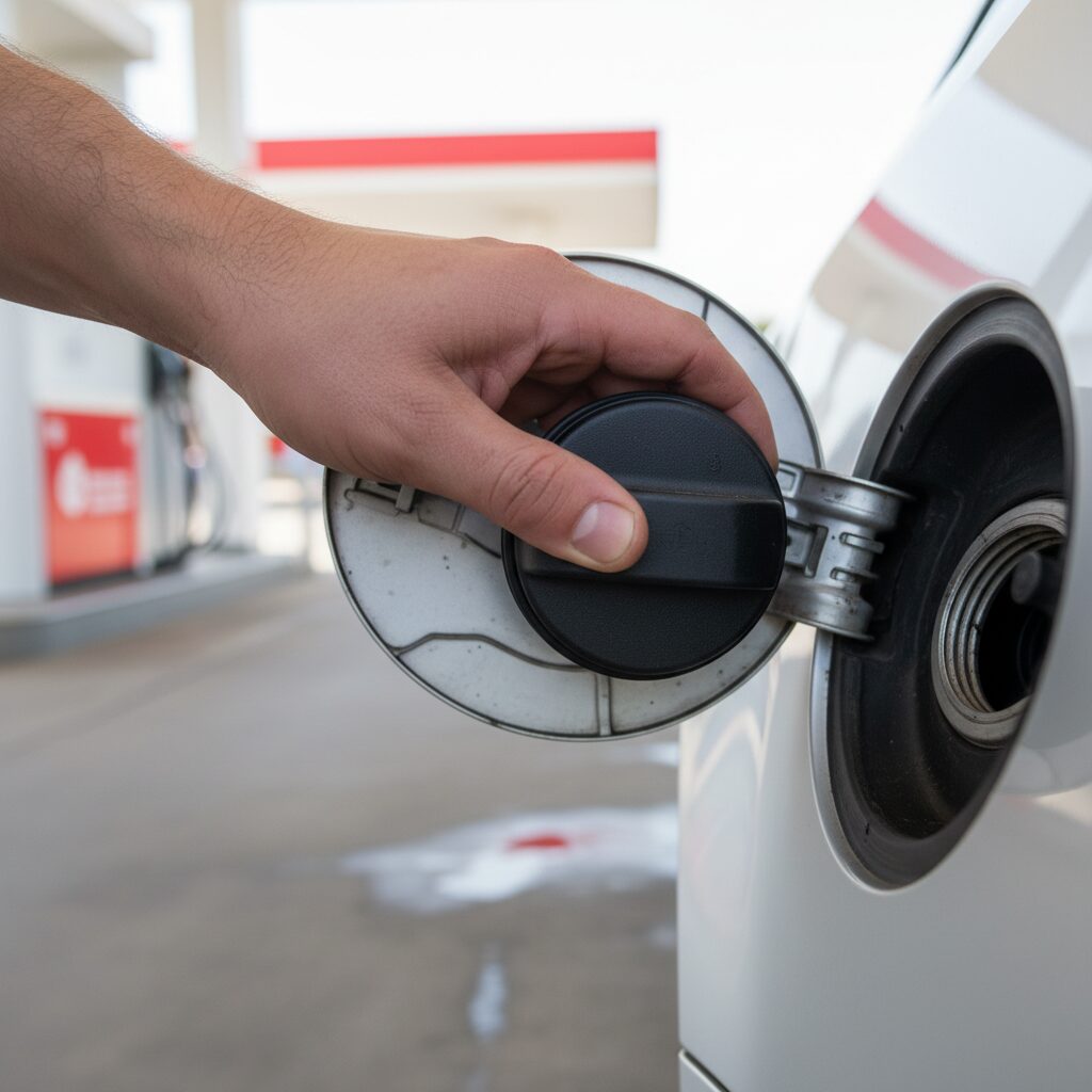 Main dévissant le bouchon de réservoir d'essence d'une voiture à la station-service