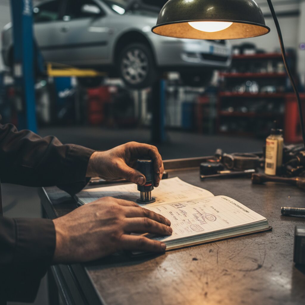 Mains de mécanicien tenant un carnet d'entretien tamponné dans un atelier automobile