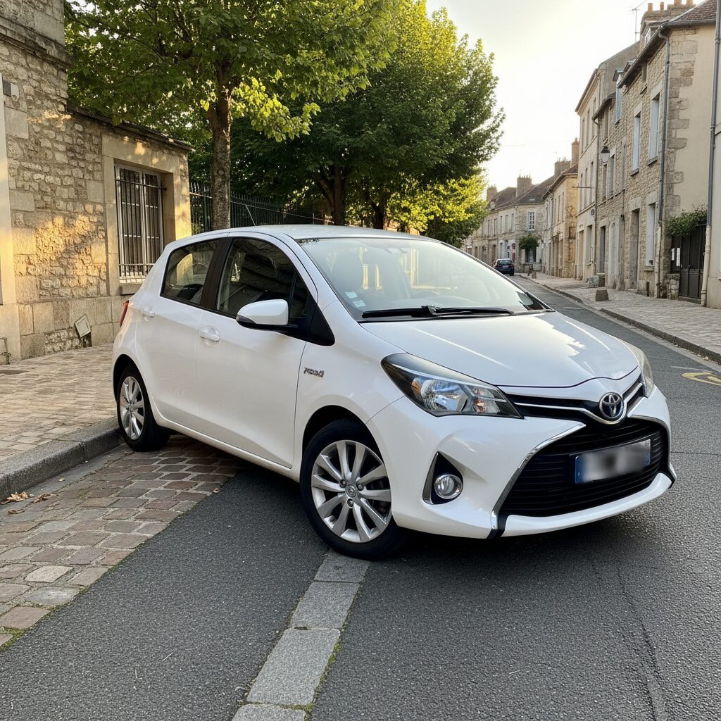 Toyota Yaris III hybride blanche garée dans une rue résidentielle française au soleil